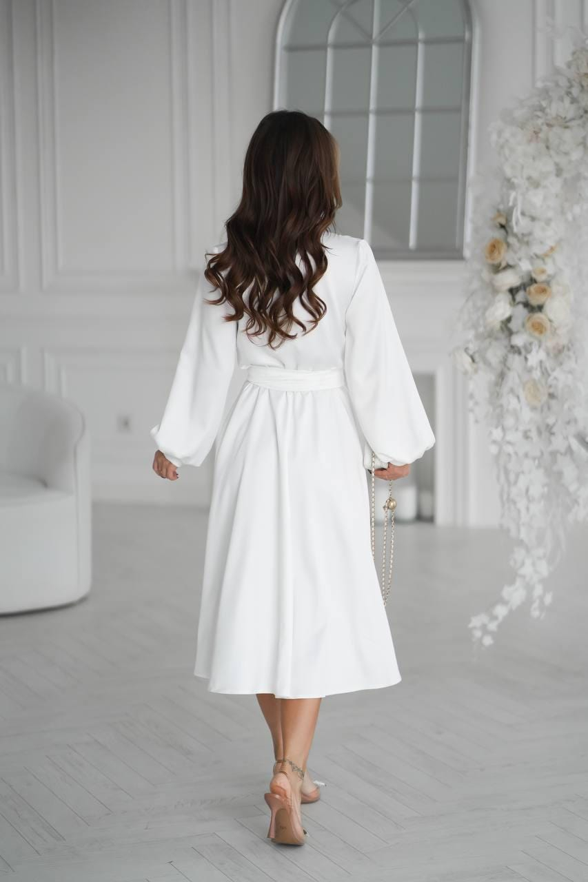 Elegant White Wrap Midi Dress with Long Bishop Sleeves and Tie Waist