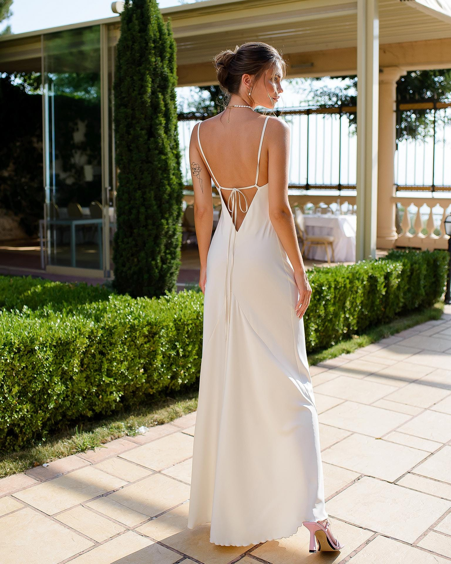 Elegant Ivory Satin Slip Maxi Dress with Cowl Neckline