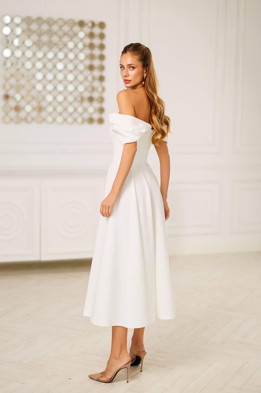 Elegant White Off Shoulder A-Line Midi Dress with Puff Sleeves