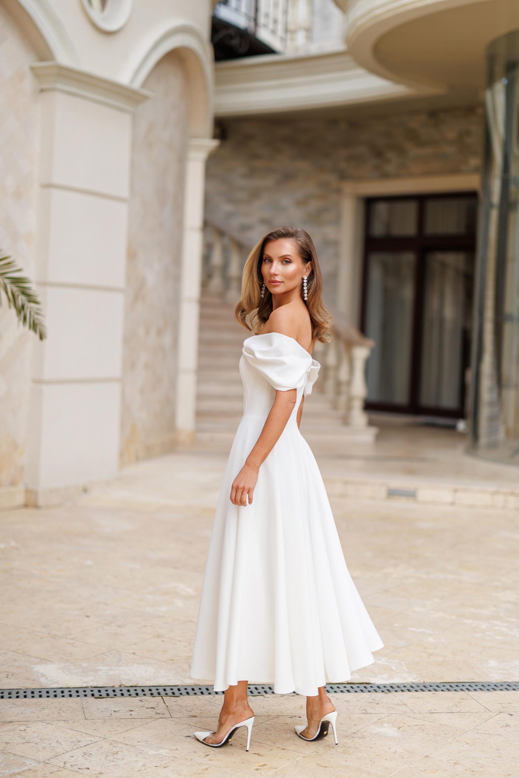 Elegant White Off Shoulder A-Line Midi Dress with Puff Sleeves