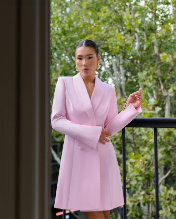 Elegant Light Pink Double-Breasted Blazer Mini Dress with Long Sleeves