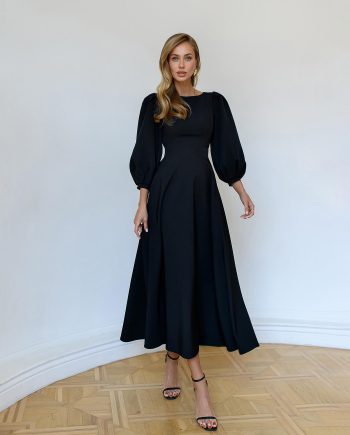 Elegant Black Long Sleeve A-Line Midi Dress with Puff Sleeves