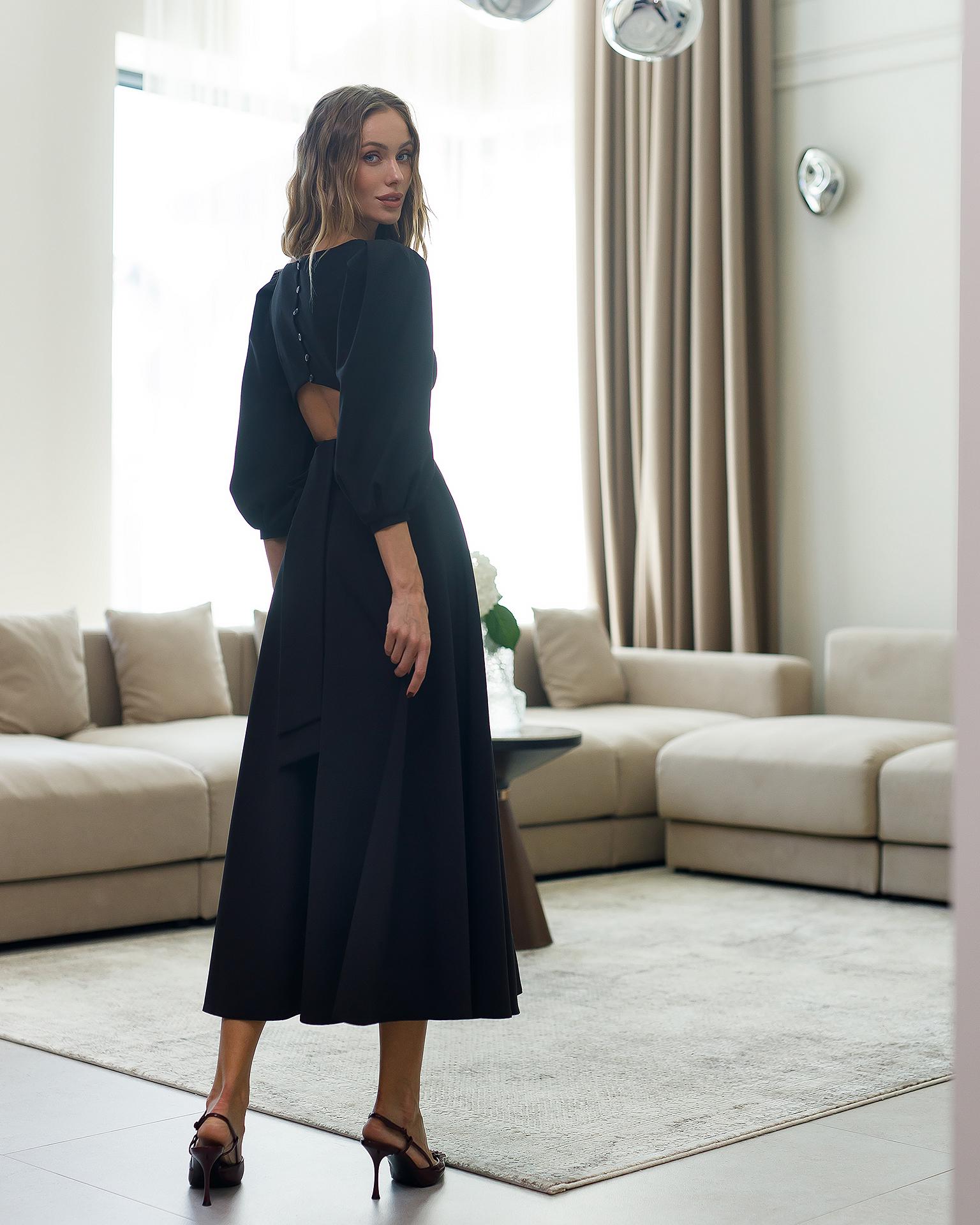 Elegant Black Long Sleeve A-Line Midi Dress with Puff Sleeves