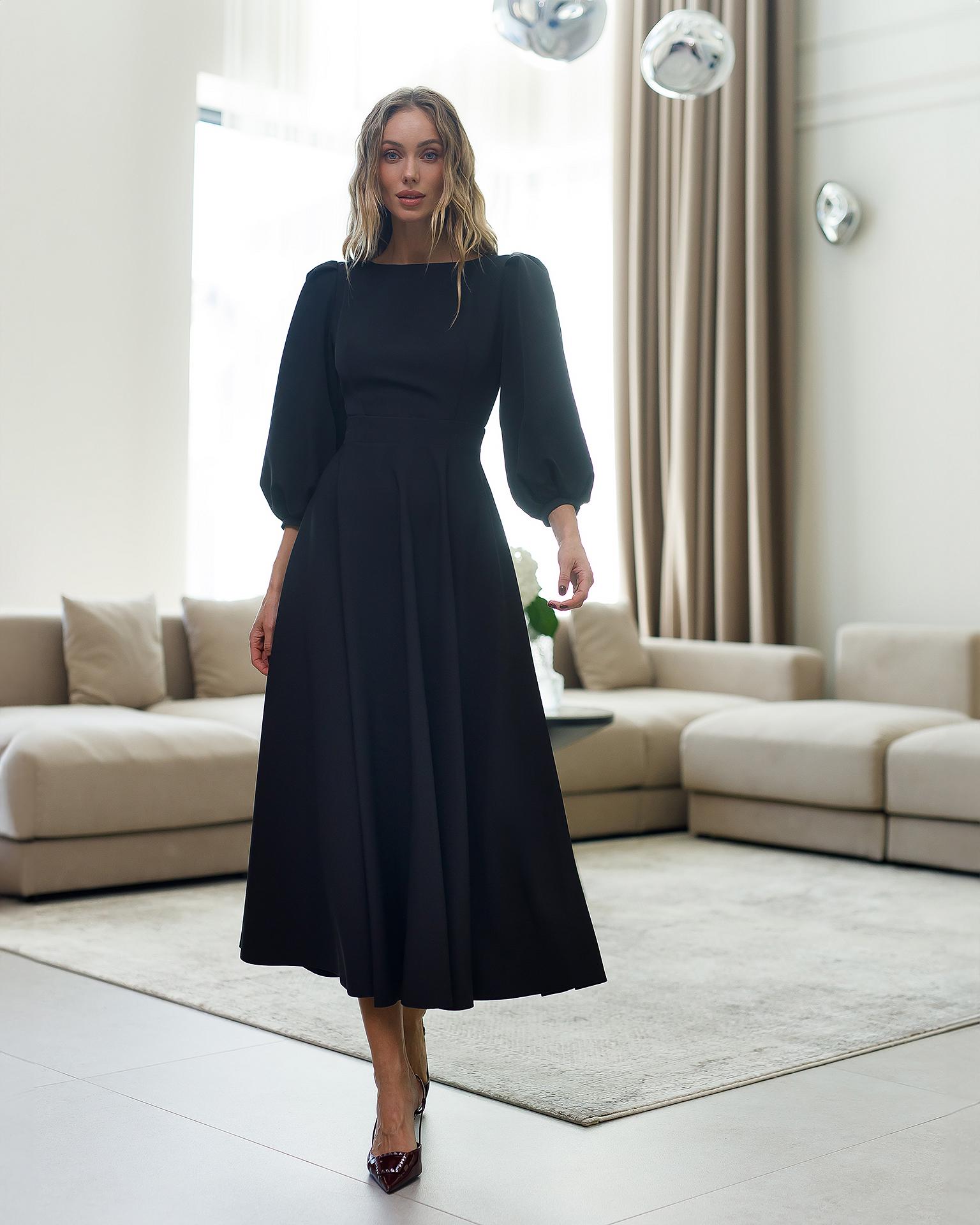 Elegant Black Long Sleeve A-Line Midi Dress with Puff Sleeves