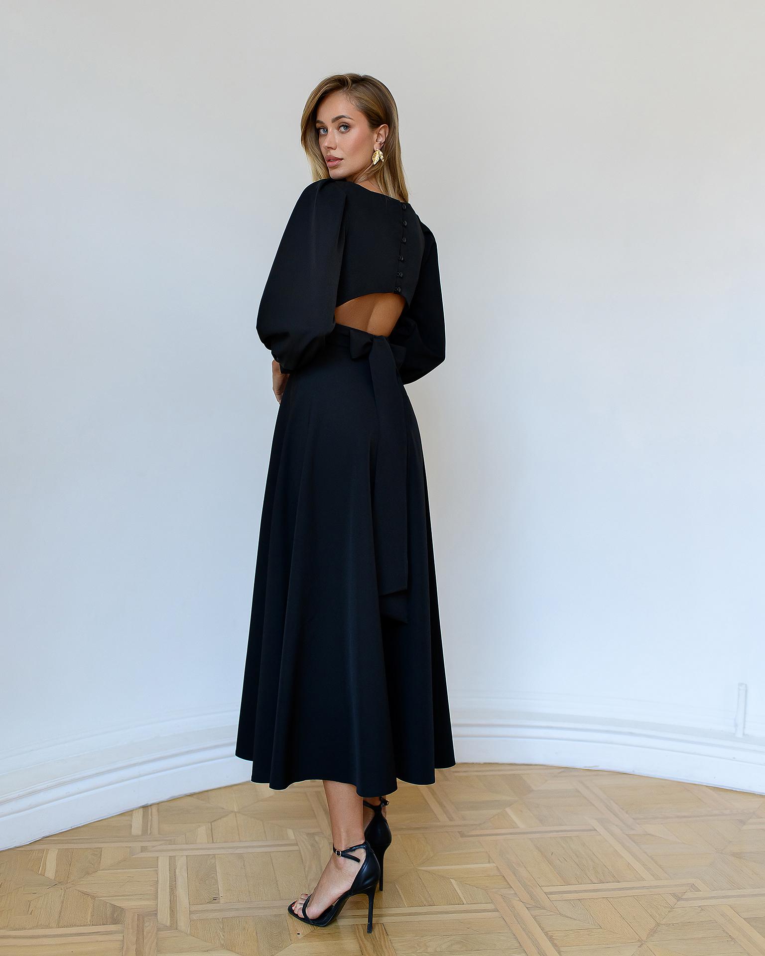 Elegant Black Long Sleeve A-Line Midi Dress with Puff Sleeves