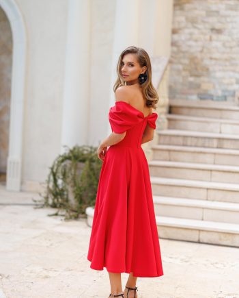 Elegant Red Off Shoulder Bow Midi Dress with A-Line Skirt