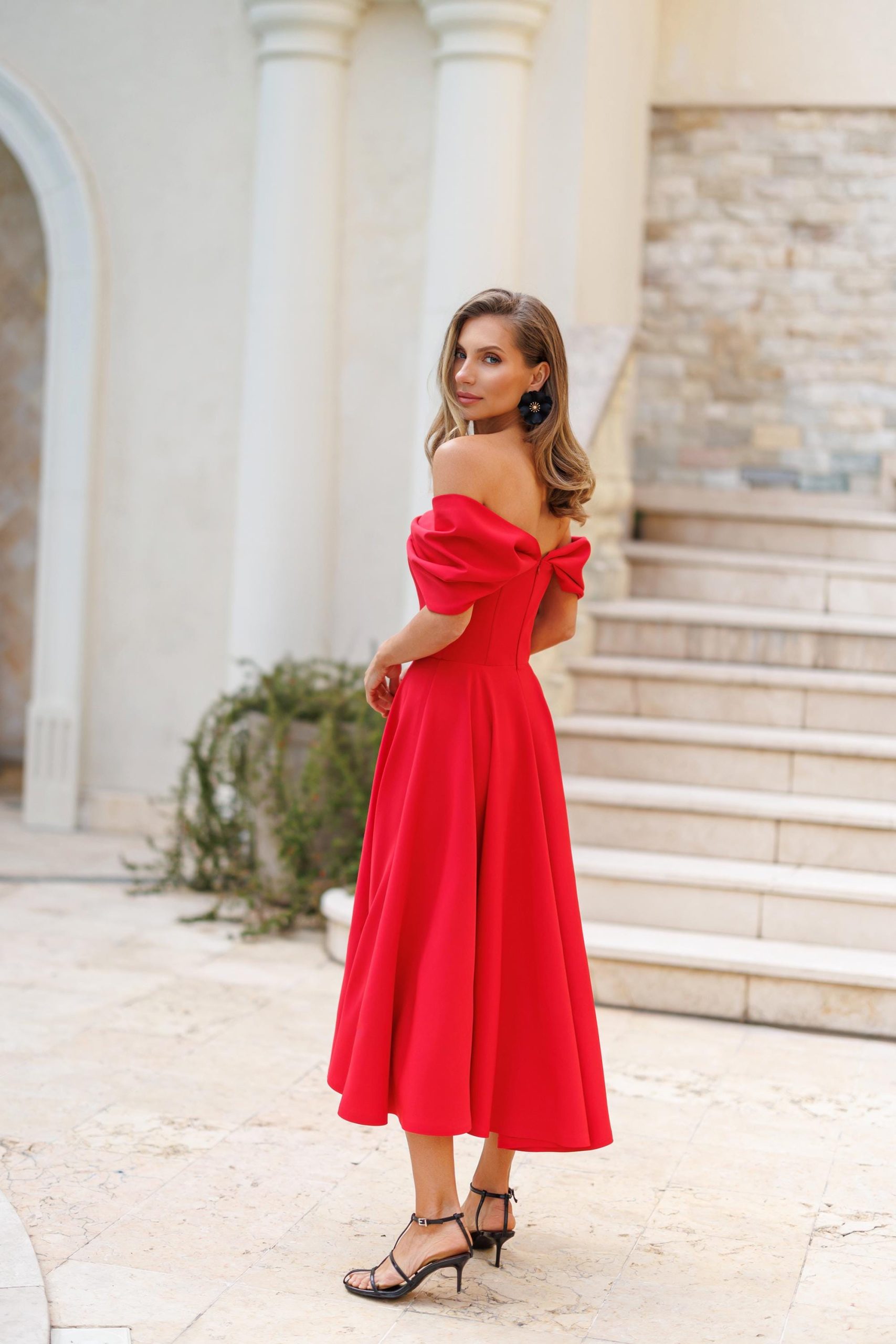 Elegant Red Off Shoulder Bow Midi Dress with A-Line Skirt