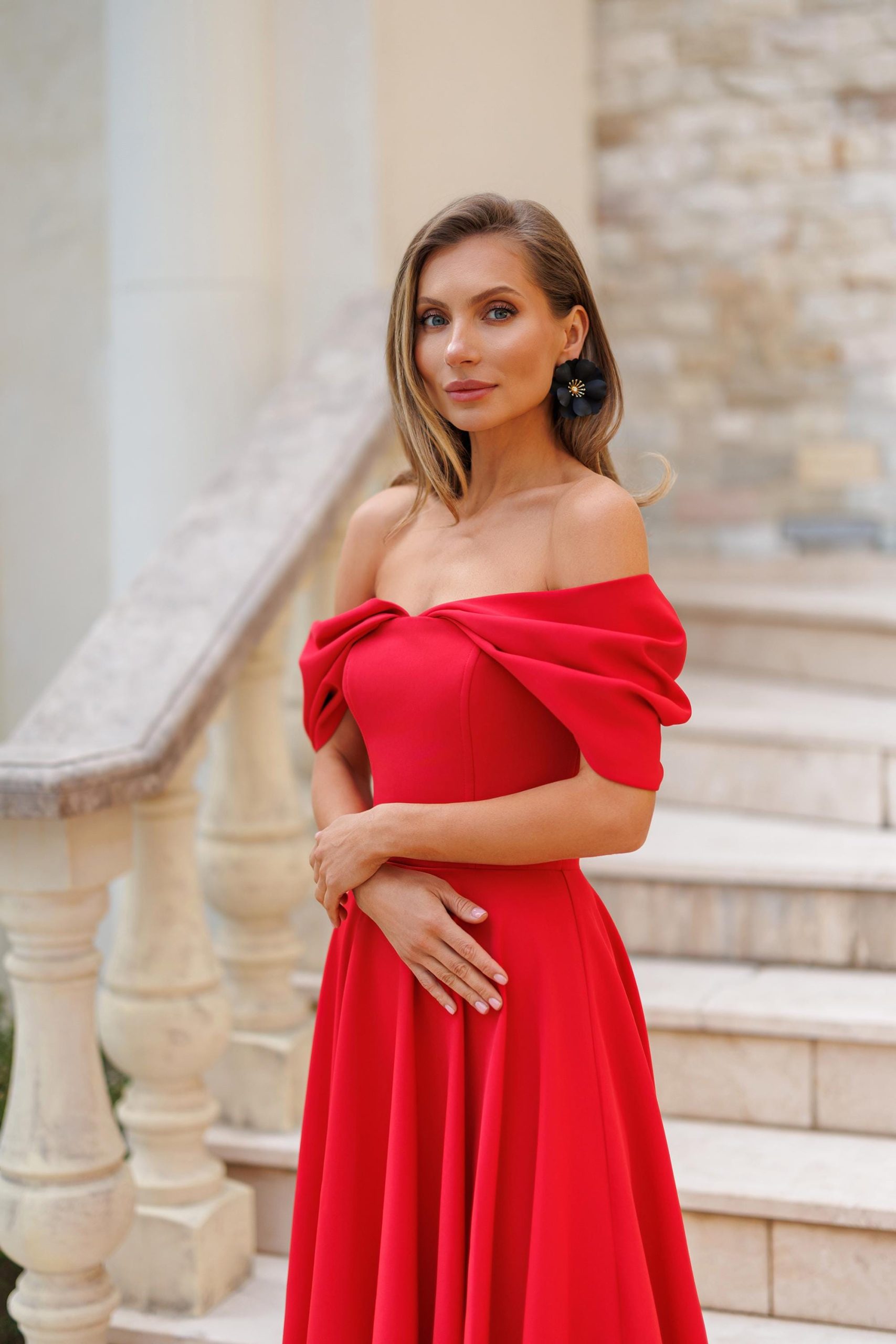 Elegant Red Off Shoulder Bow Midi Dress with A-Line Skirt