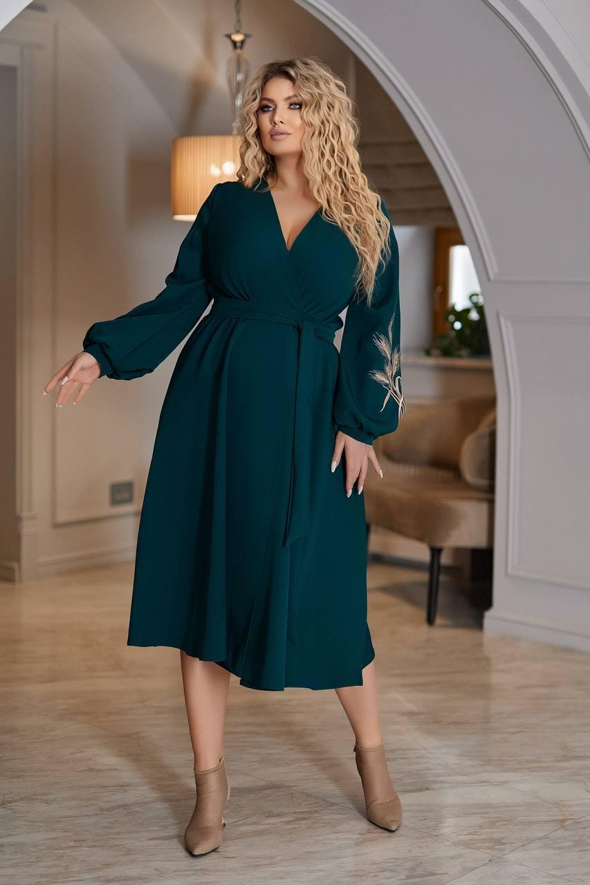 Elegant Deep Teal Wrap Midi Dress with Long Sleeves and Tie Waist