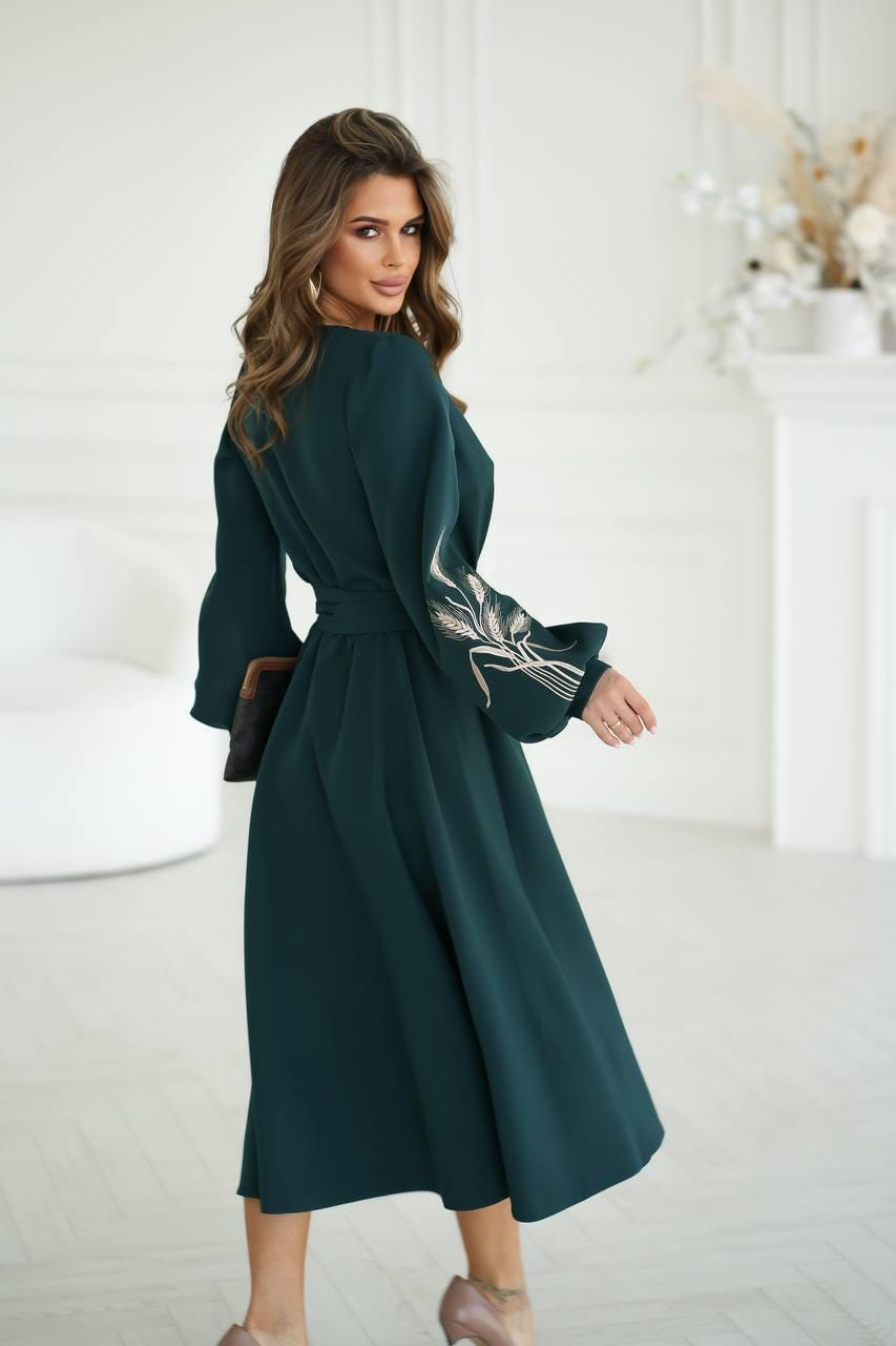 Elegant Deep Teal Wrap Midi Dress with Long Sleeves and Tie Waist