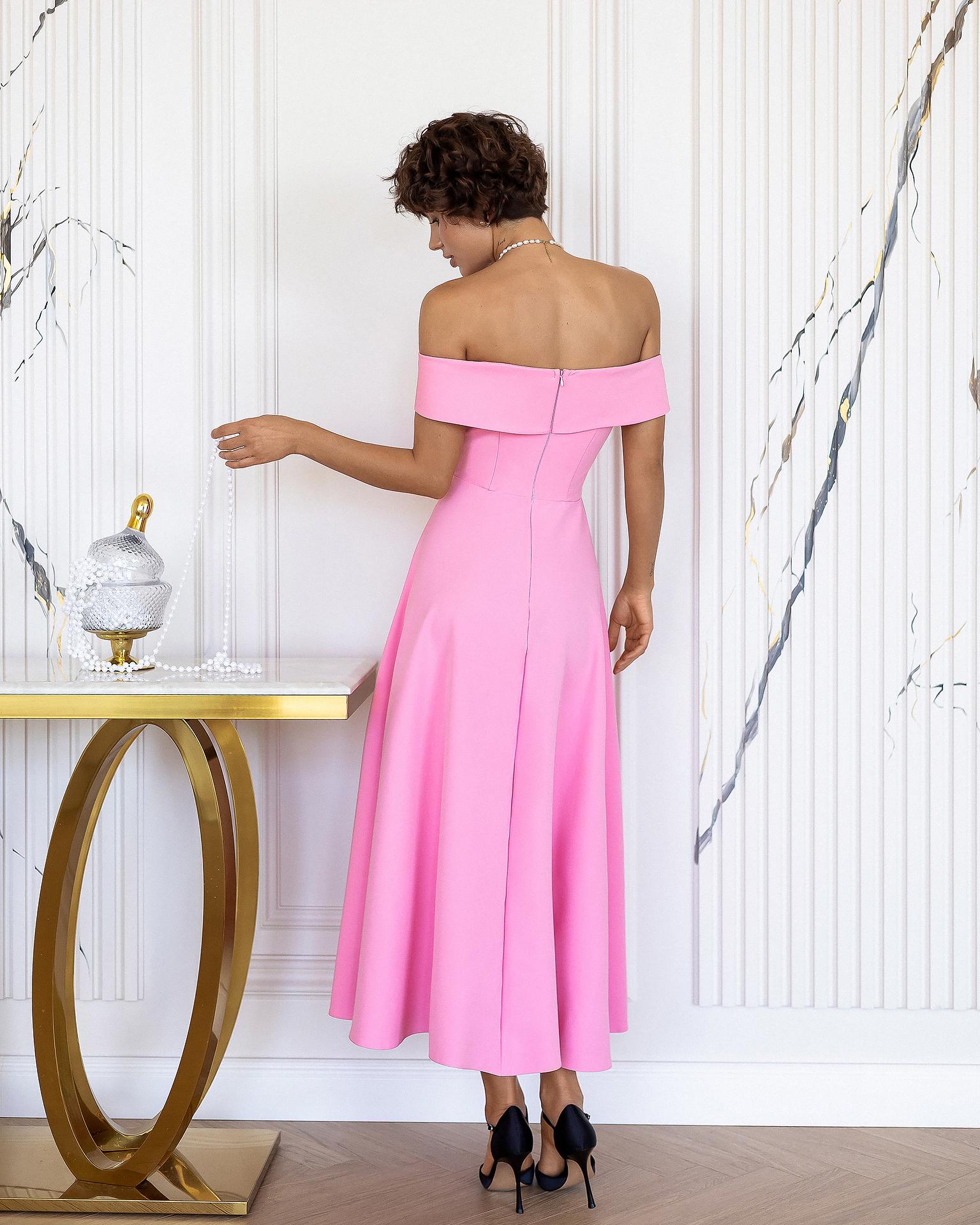 Elegant Pink Off Shoulder Corset Midi Dress with Flowy A-Line Skirt