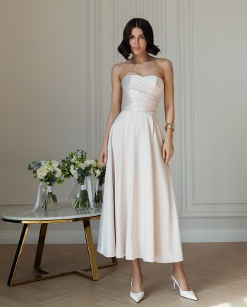 Elegant Ivory Strapless A-Line Midi Dress with Pleated Bodice